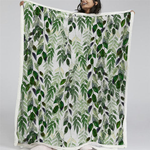 Image of Green Leaves Sherpa Fleece Blanket - Beddingify