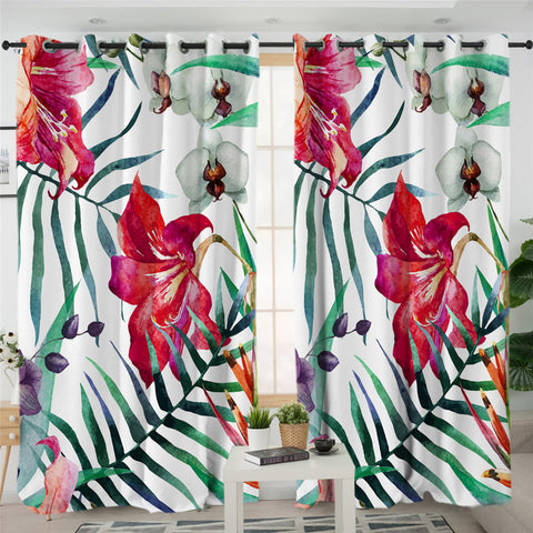 Image of Macroshot Garden Motif White 2 Panel Curtains