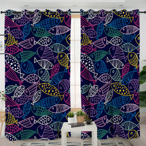 Outlined Fish Dark Blue 2 Panel Curtains