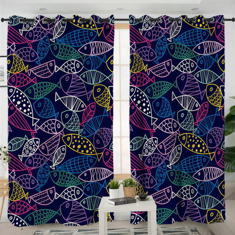 Image of Outlined Fish Dark Blue 2 Panel Curtains