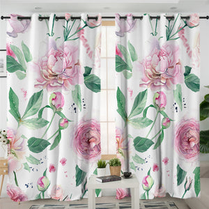 Watercolor Rose Parts White 2 Panel Curtains