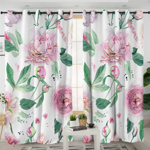 Image of Watercolor Rose Parts White 2 Panel Curtains