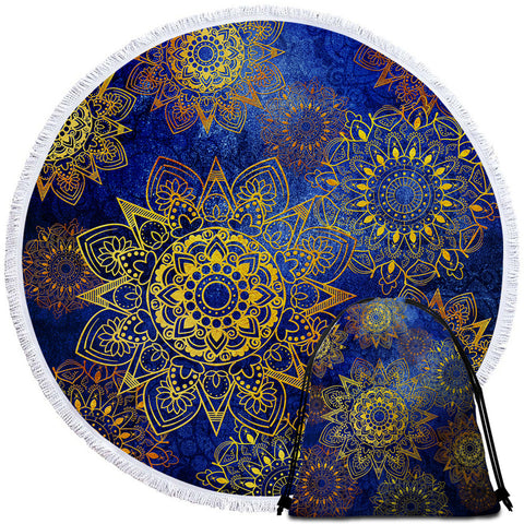 Image of Glided Flower Blue Round Beach Towel Set - Beddingify