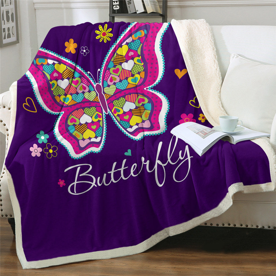 Heart Butterfly Themed Sherpa Fleece Blanket