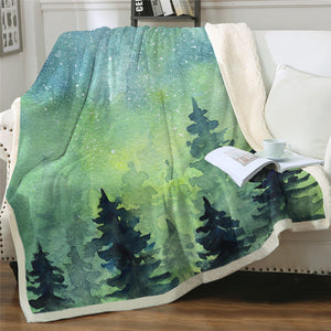 Green Galaxy Forest Themed Sherpa Fleece Blanket