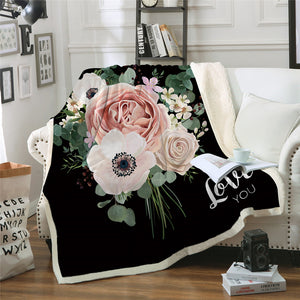 Flower Painting Motif Sherpa Fleece Blanket - Beddingify