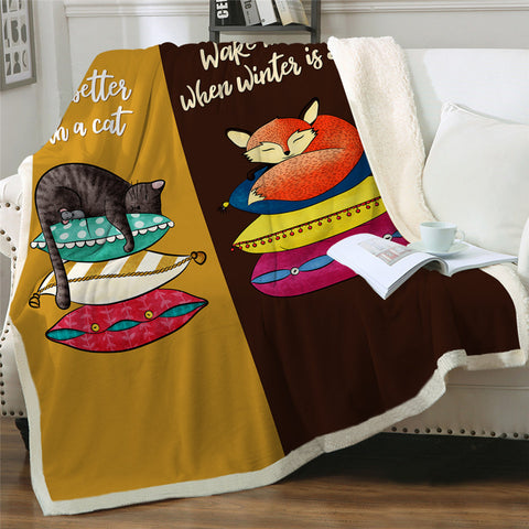 Image of Sleeping Fox And Cat Sherpa Fleece Blanket