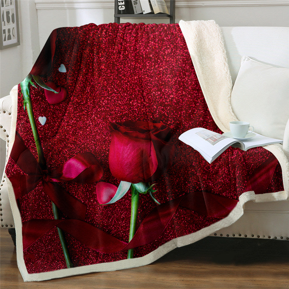 Red Rose Themed Sherpa Fleece Blanket