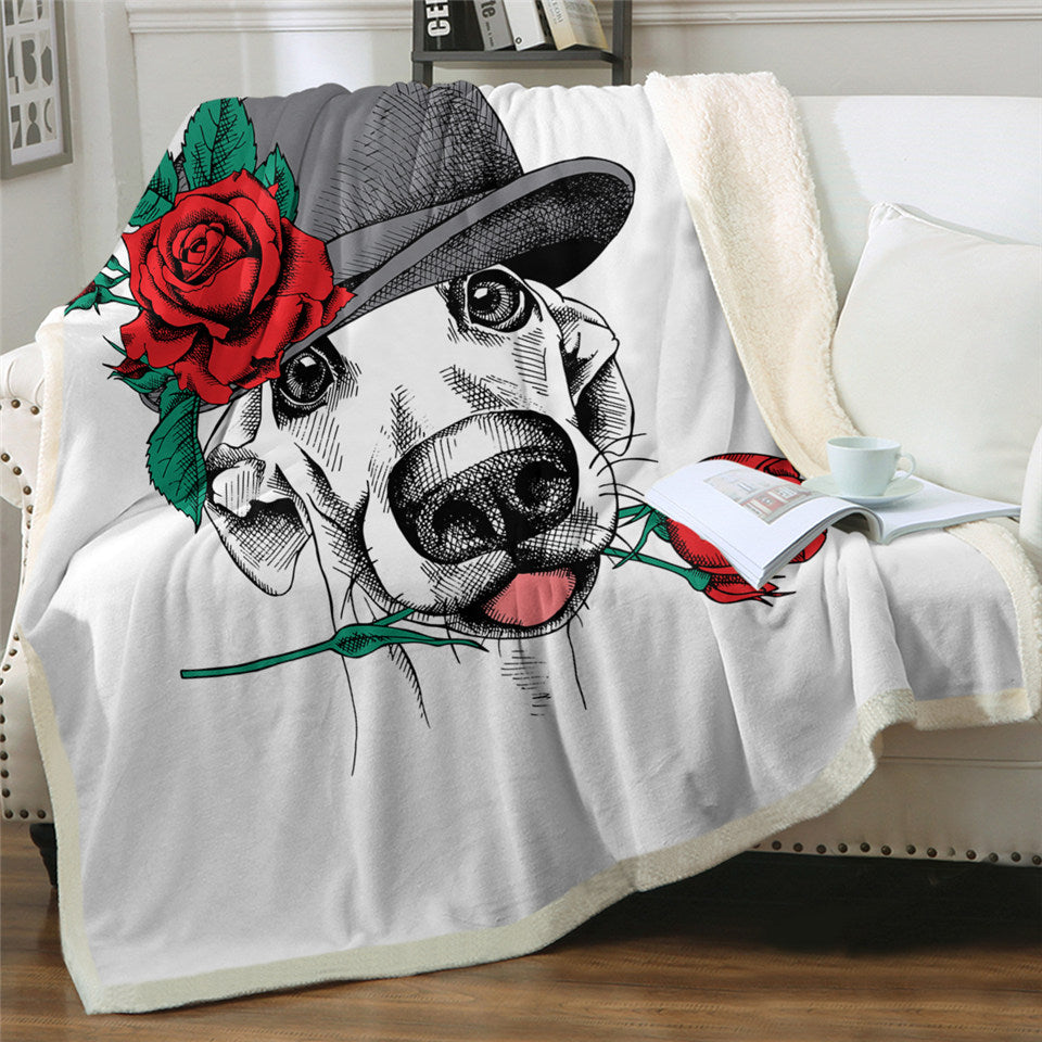 Rose Dog Themed Sherpa Fleece Blanket