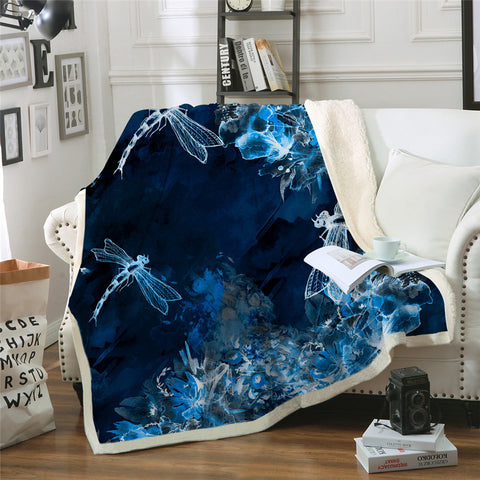 Image of Blue Dragonflies Themed Sherpa Fleece Blanket - Beddingify