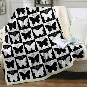 Butterflies Checkerboard Sherpa Fleece Blanket