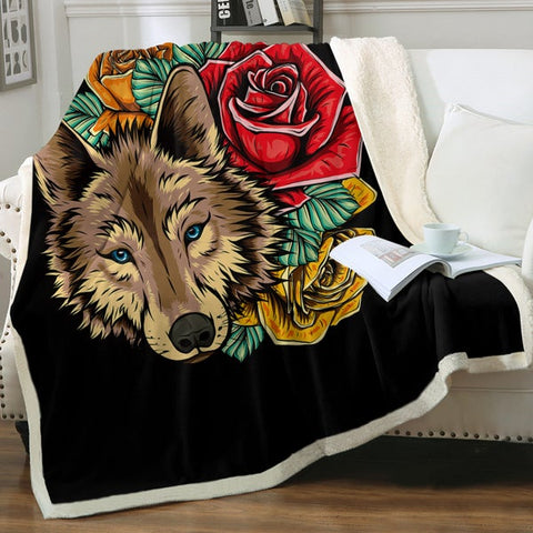 Image of Brown Wolf Two-Color Flowers SWMT3483 Soft Sherpa Blanket