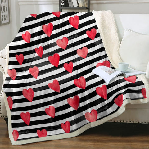 Image of Black White Striped Watercolor Heart SWMT3468 Soft Sherpa Blanket