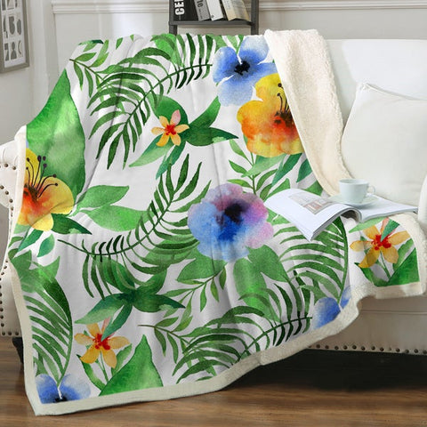 Image of Green Leaves Purple Yellow Flowers SWMT3368 Soft Sherpa Blanket