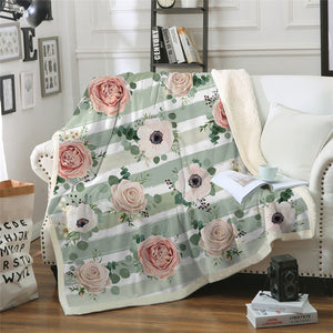 Stripe And Flowers Themed Sherpa Fleece Blanket - Beddingify