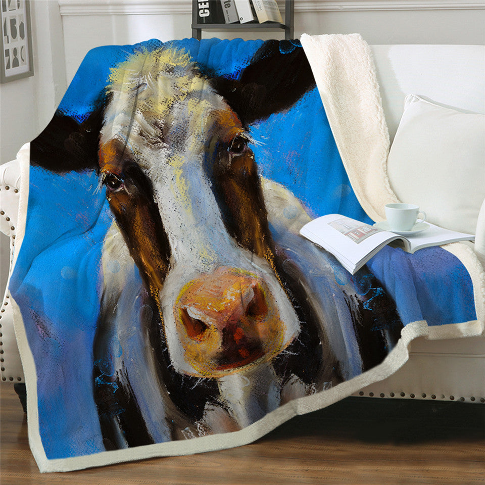 Blue Cow Themed Sherpa Fleece Blanket