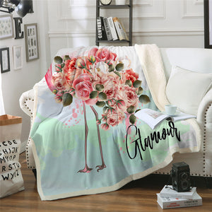 Flower Flamingo Themed Sherpa Fleece Blanket - Beddingify