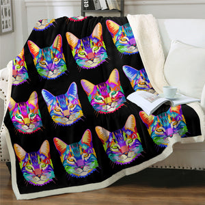 Colorful Cat Face Themed Sherpa Fleece Blanket