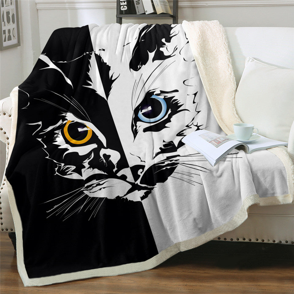 Black White Cat Sherpa Fleece Blanket
