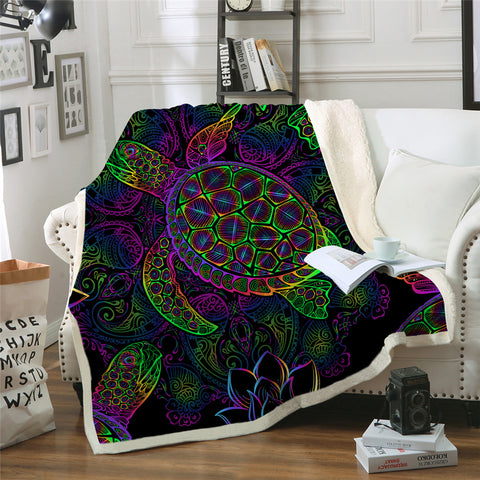 Image of Hippie Turtle Themed Sherpa Fleece Blanket - Beddingify