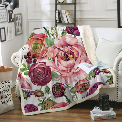 Image of Red Pastel Flowers Sherpa Fleece Blanket - Beddingify