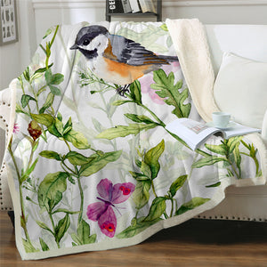 Birds Leaves Themed Sherpa Fleece Blanket