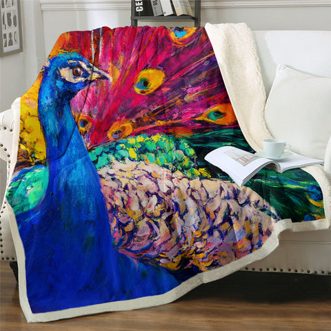 Image of Peacock Themed Sherpa Fleece Blanket