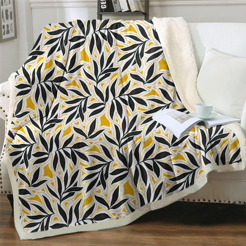 Image of Black And Yellow Leaves Sherpa Fleece Blanket