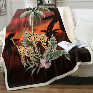 Cheetah And Coconut Tree Sherpa Fleece Blanket