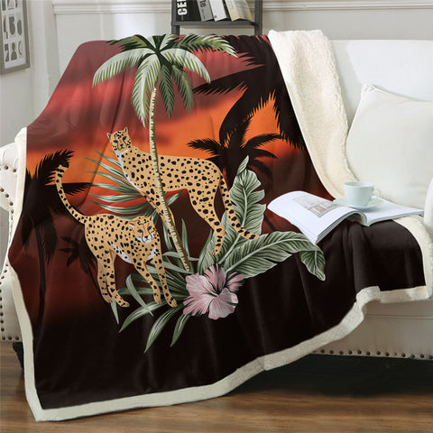 Image of Cheetah And Coconut Tree Sherpa Fleece Blanket