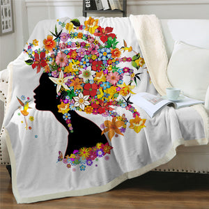 Flower Black Girl Sherpa Fleece Blanket