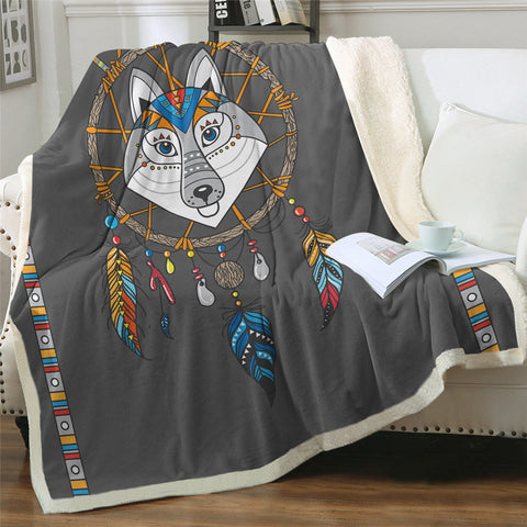Image of Wolf Dream Catcher Themed Sherpa Fleece Blanket
