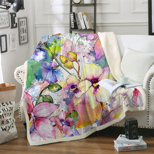 Watercolor Floral Themed Sherpa Fleece Blanket - Beddingify