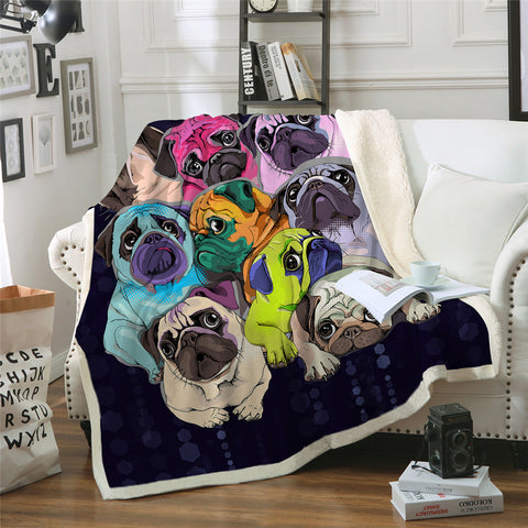 Image of Colorful Pug Themed Sherpa Fleece Blanket - Beddingify