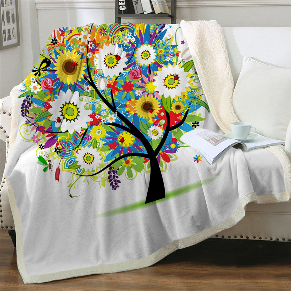 Boho Flower Tree Themed Sherpa Fleece Blanket