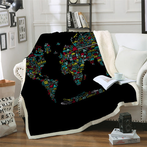 Image of World Map Themed Sherpa Fleece Blanket - Beddingify