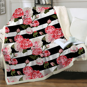 Pink Peony Themed Sherpa Fleece Blanket