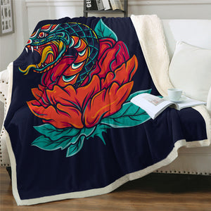 Red Flower And Snake Themed Sherpa Fleece Blanket