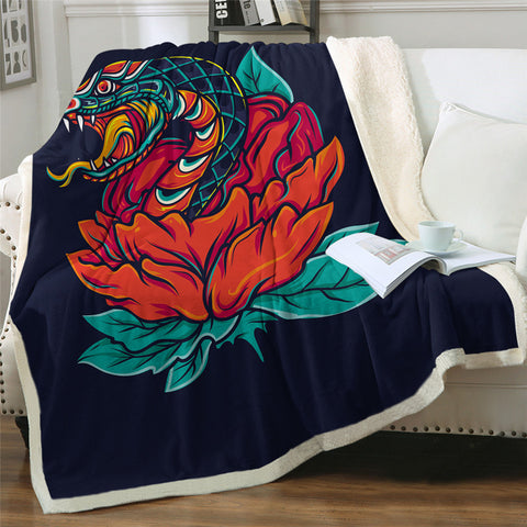 Image of Red Flower And Snake Themed Sherpa Fleece Blanket