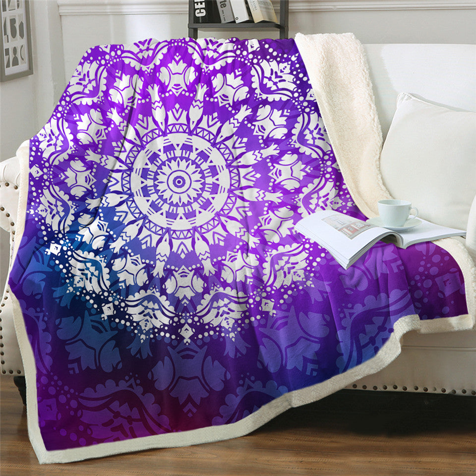 Mandala Hippie Purple Themed Sherpa Fleece Blanket