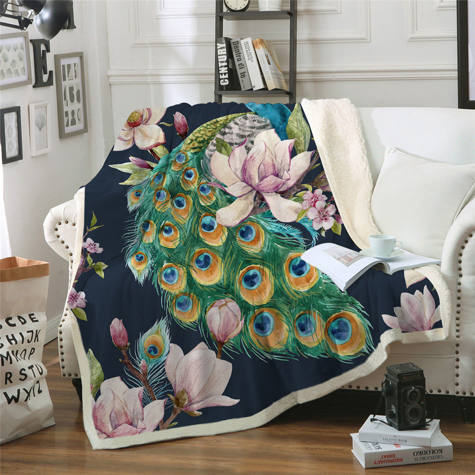 Peacock Themed Sherpa Fleece Blanket - Beddingify
