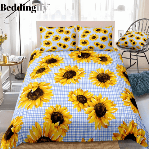 Image of Blue White Plaid Sunflowers Bedding Set - Beddingify