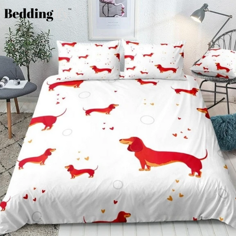 Image of Red Cartoon Dachshund Bedding Set - Beddingify