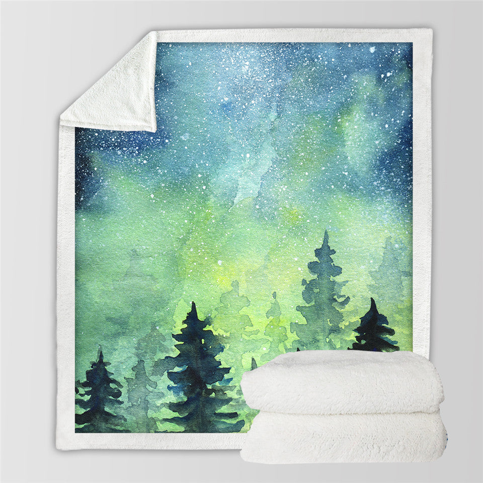 Green Galaxy Forest Themed Sherpa Fleece Blanket