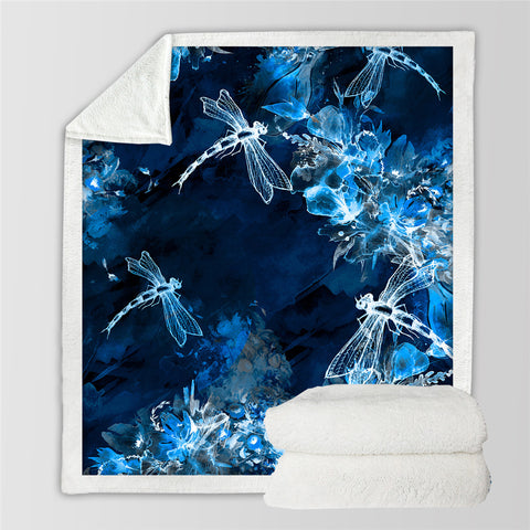 Image of Blue Dragonflies Themed Sherpa Fleece Blanket - Beddingify