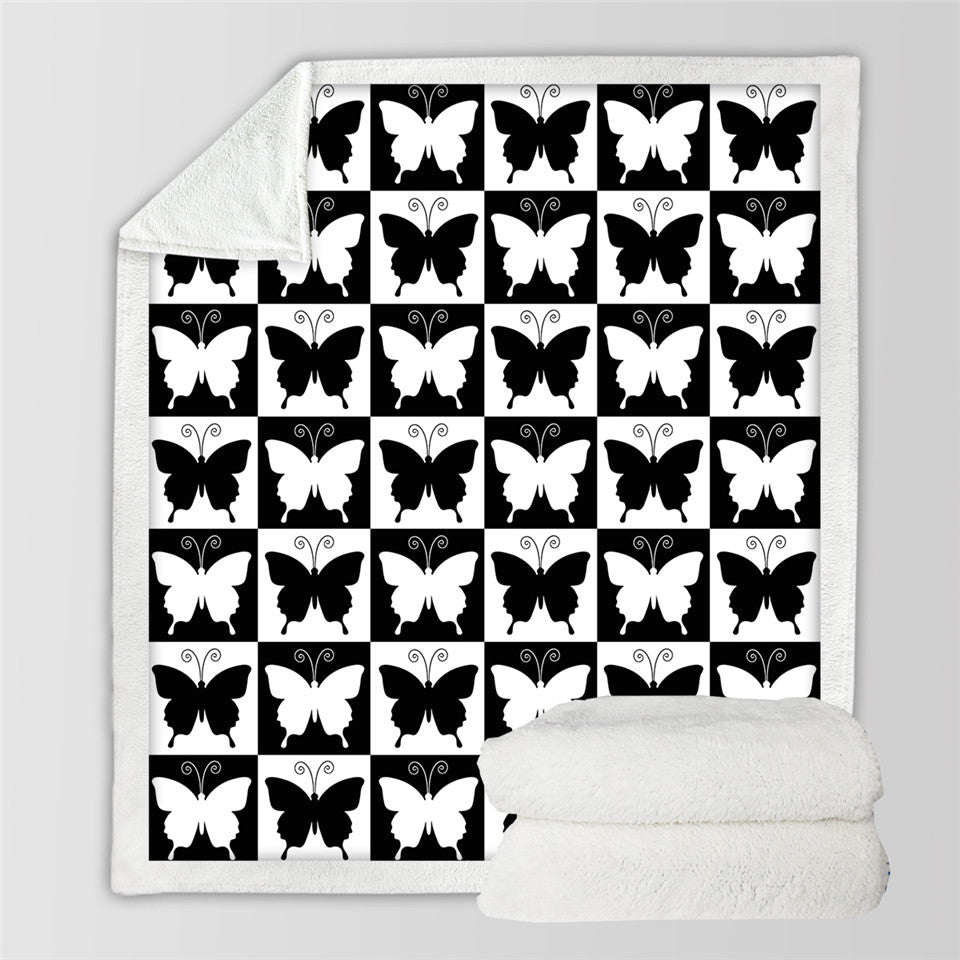 Butterflies Checkerboard Sherpa Fleece Blanket