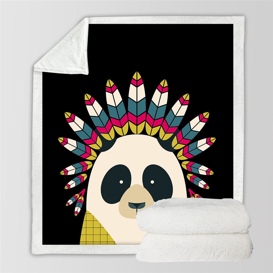 Tribal Panda Themed Sherpa Fleece Blanket