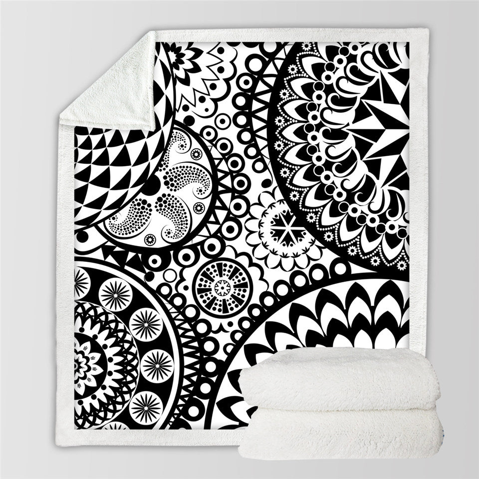 Black White Mandala Themed Sherpa Fleece Blanket