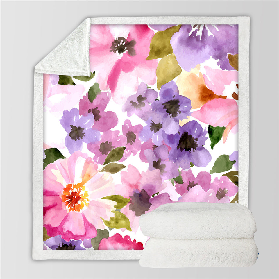 Watercolor Flowers Themed Sherpa Fleece Blanket - Beddingify