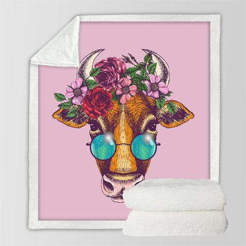 Image of Girl Flower Cow Sherpa Fleece Blanket - Beddingify